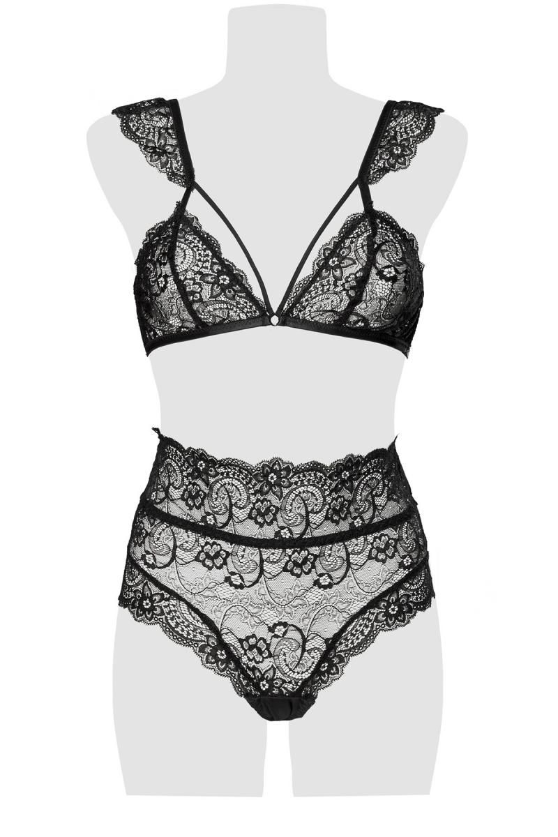 Grey Velvet – 2-teiliges Spitzen-Set: BH & High-Cut-Slip mit Rückenschnürung | Schwarz