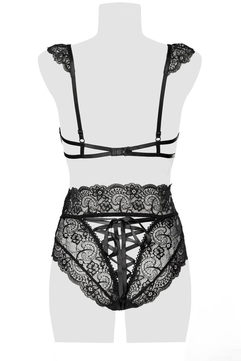 Grey Velvet – 2-teiliges Spitzen-Set: BH & High-Cut-Slip mit Rückenschnürung | Schwarz