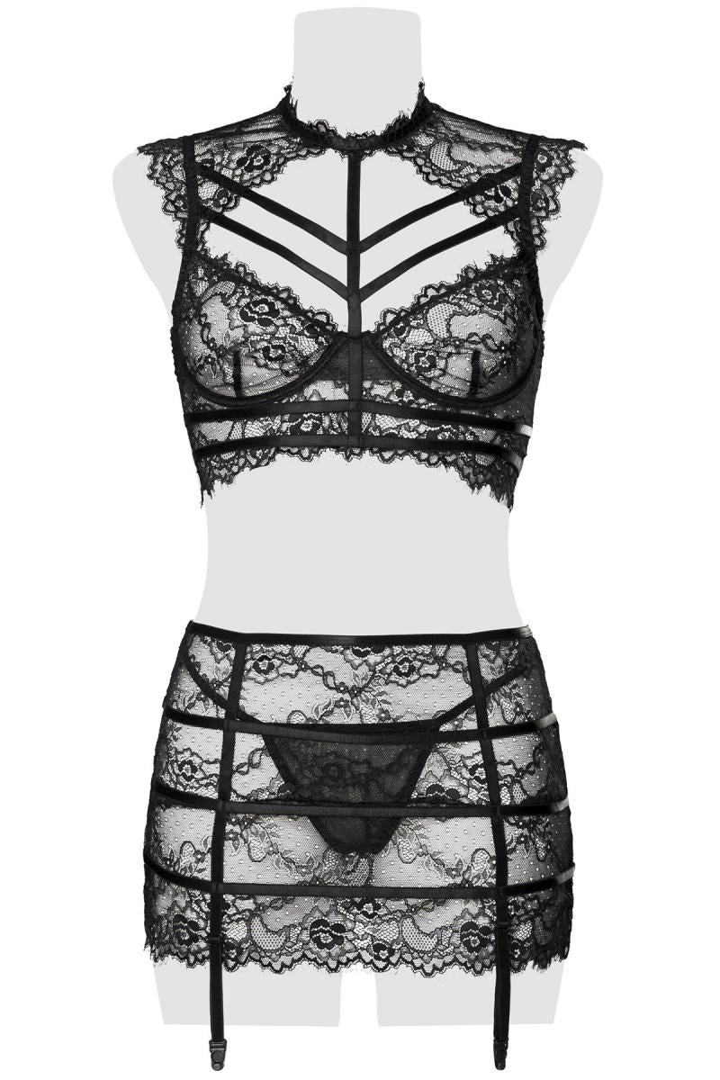 Grey Velvet – 3-teiliges Spitzen-Dessous-Set | Schwarz