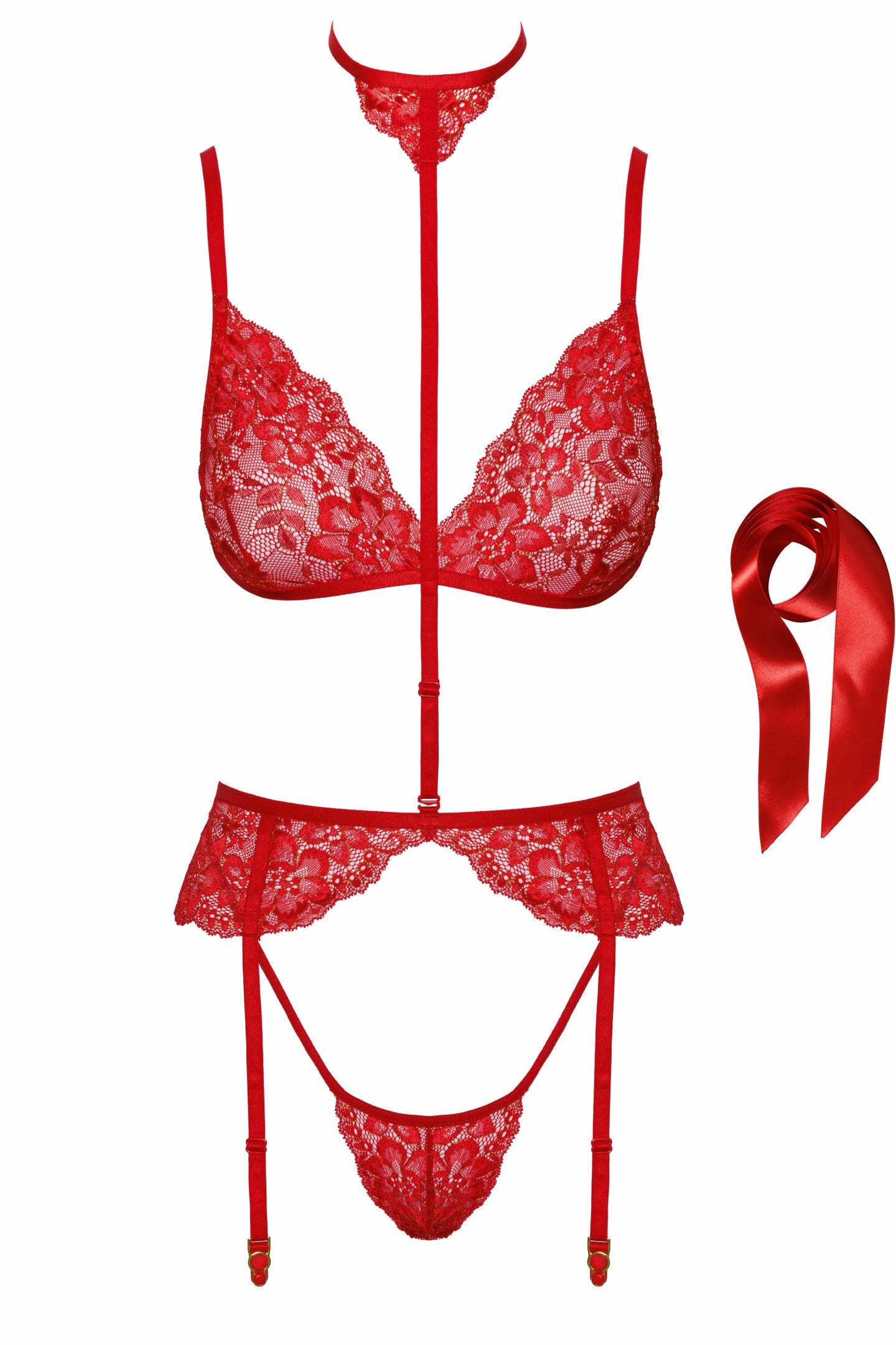 Kissable – 5-teiliges Spitzen-Set mit Choker & Strumpfgürtel | Rot