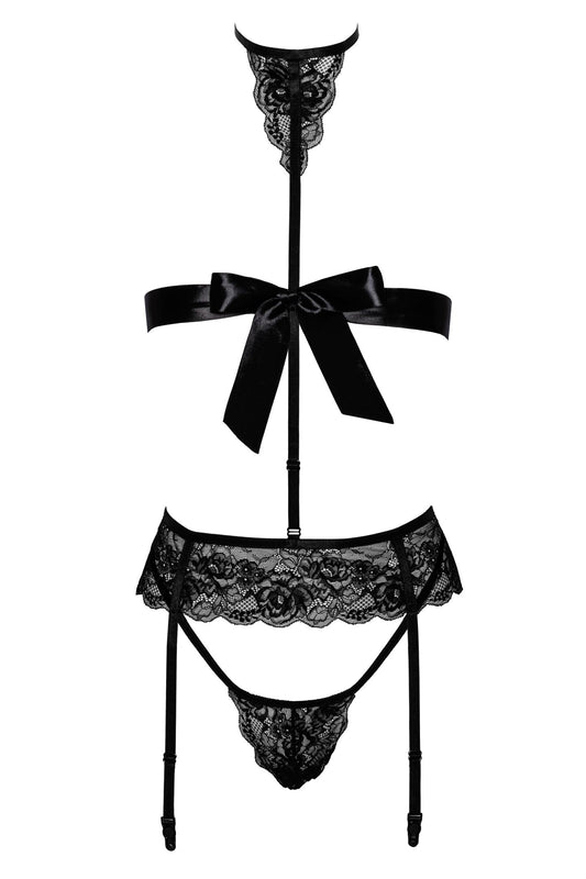 Kissable – 4-teiliges Spitzen-Set mit Choker & Strumpfgürtel | Schwarz