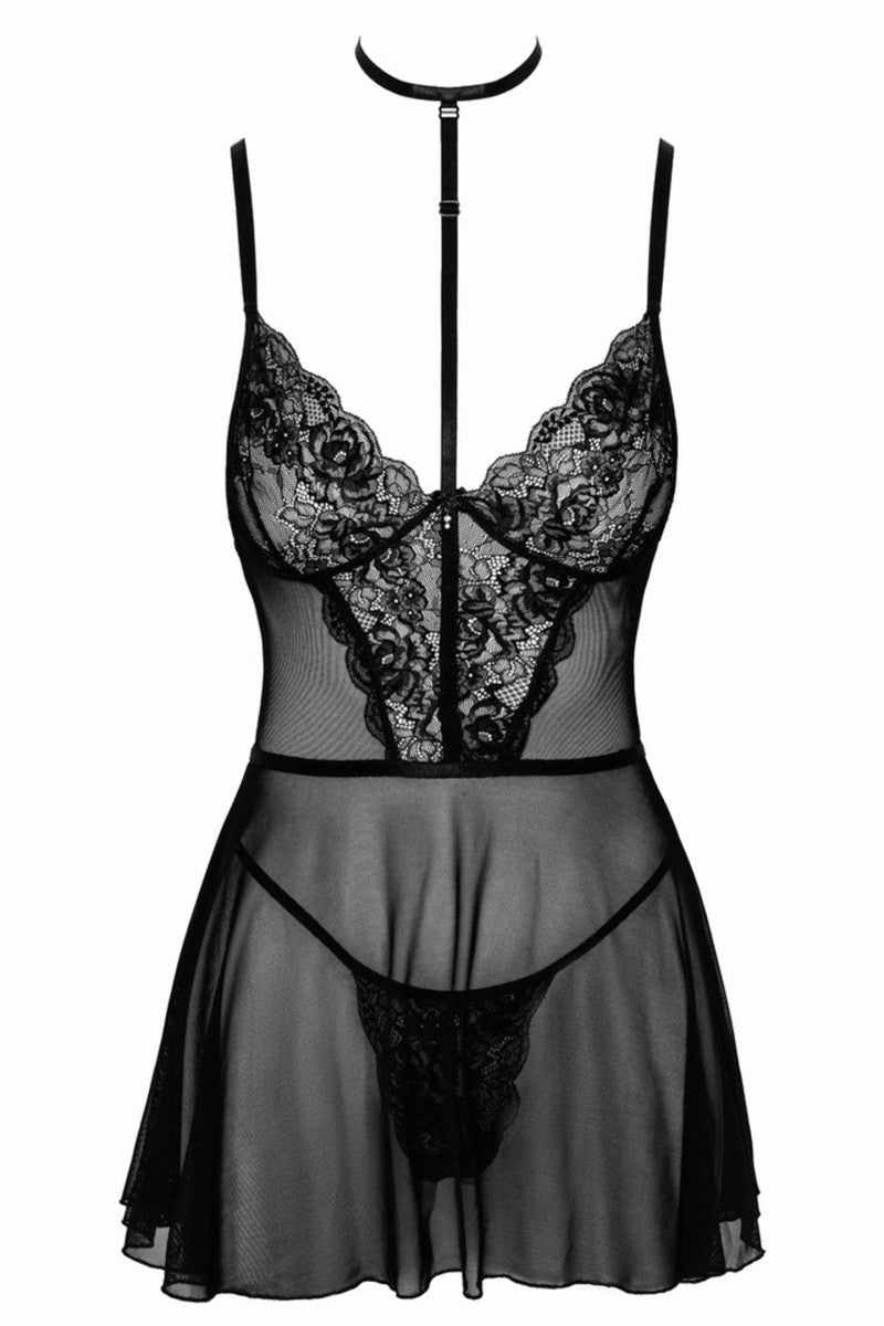 Kissable – Negligee aus Netz & Spitze mit Neckholder | Schwarz