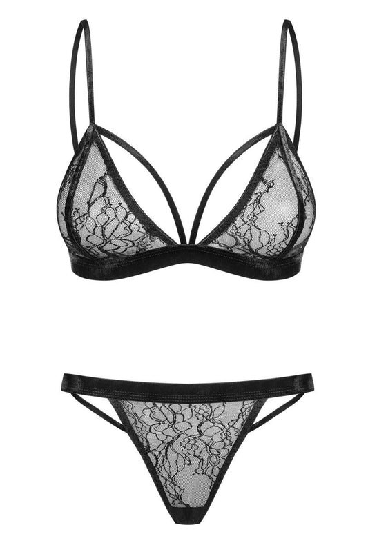 Bralette-Set - Spitzen-BH & String mit Samt-Bändern